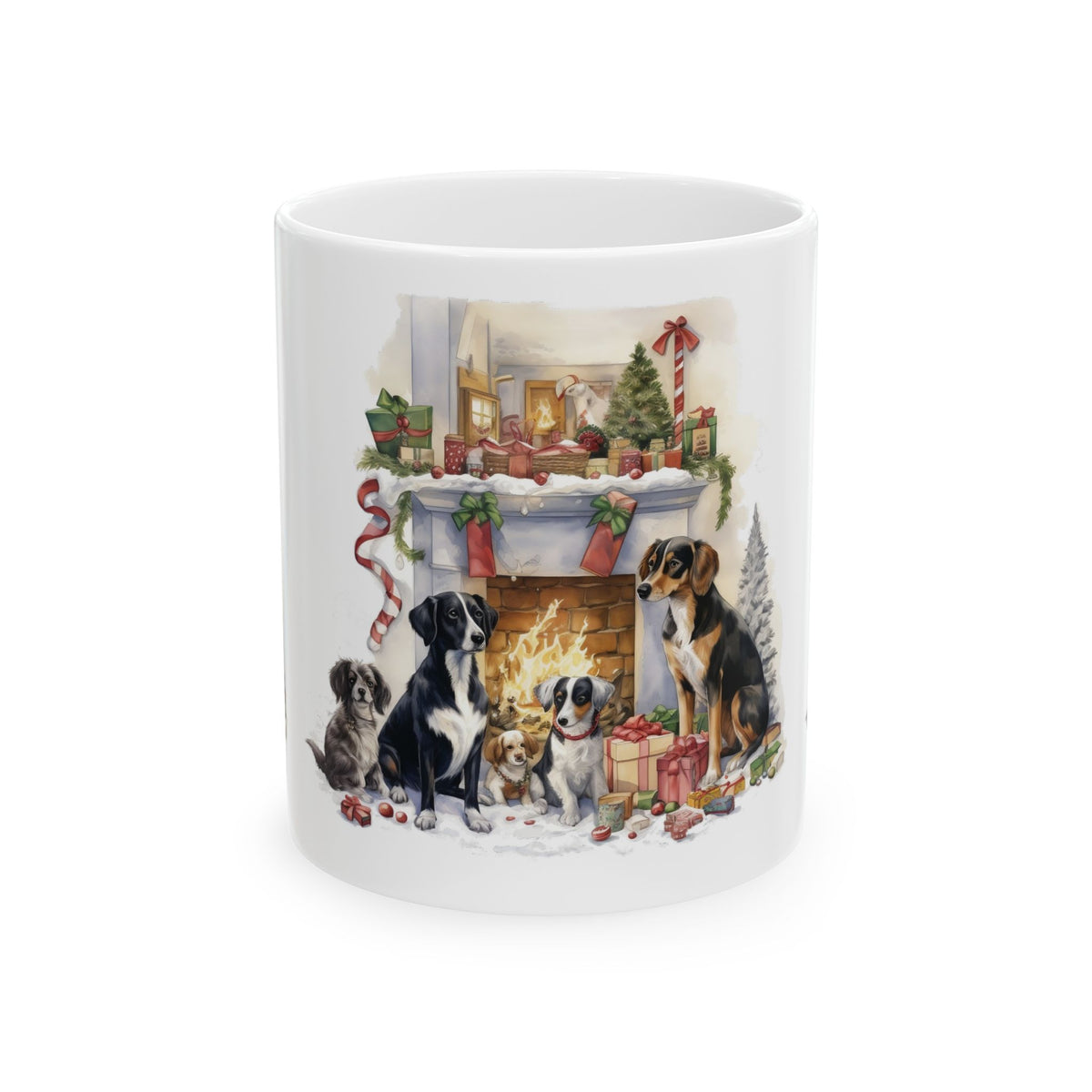Christmas Dogs Ceramic Mug – Holiday Fireplace Puppy Scene 11oz  Item #987425
