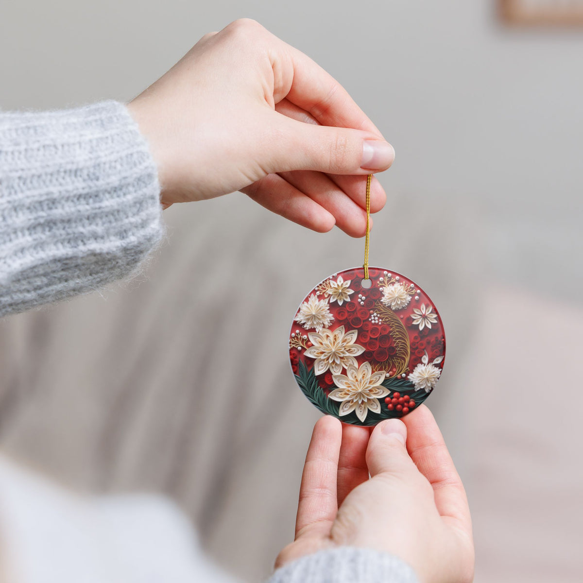 Floral Ceramic Ornament – Red Botanical Holiday Tree Decoration   Item #624588
