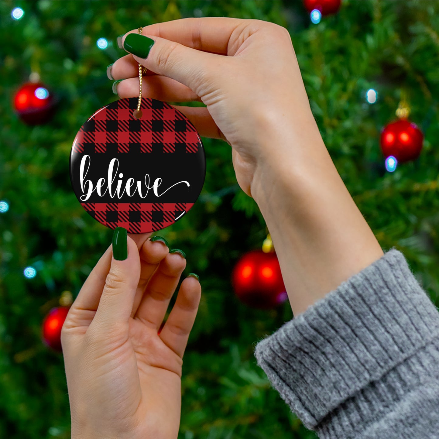 Believe Buffalo Plaid Ceramic Disc Ornament       Item #5481754