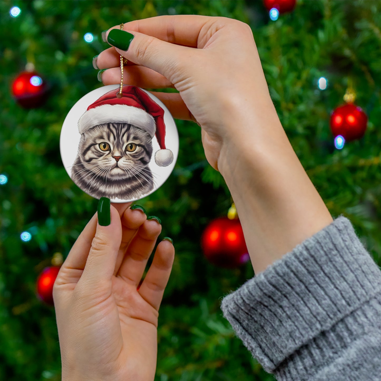 American ShortHair Cat With Santa Hat Ceramic Ornament      Item #7390585