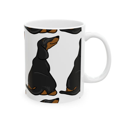 Dachshund Pattern Ceramic Mug — Cute Black & Tan Sausage Dog Coffee Cup 11oz   Item #989303