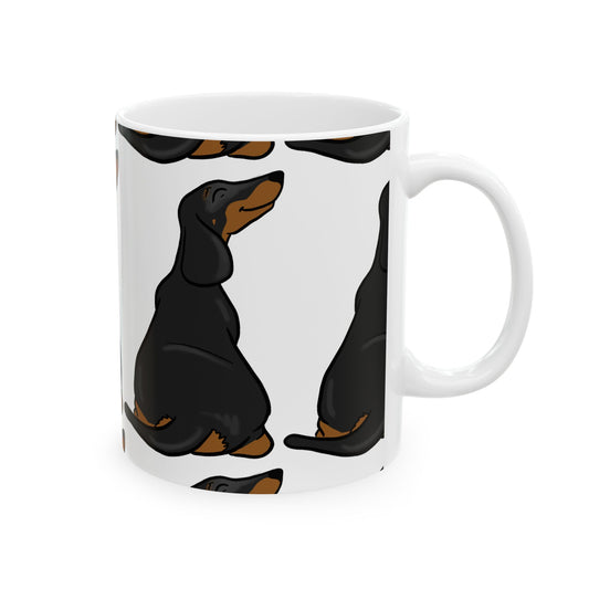 Dachshund Pattern Ceramic Mug — Cute Black & Tan Sausage Dog Coffee Cup 11oz   Item #989303