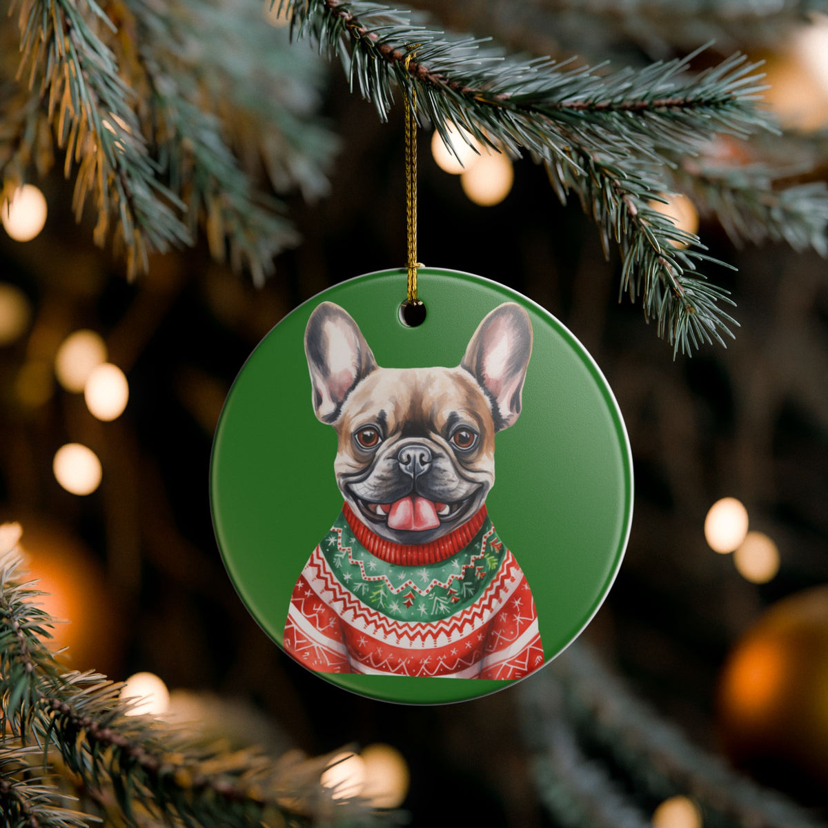 Festive French Bulldog With Santa Hat & Sweater Christmas Ornament   Item #166129