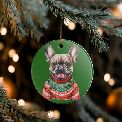 Festive French Bulldog With Santa Hat & Sweater Christmas Ornament   Item #166129