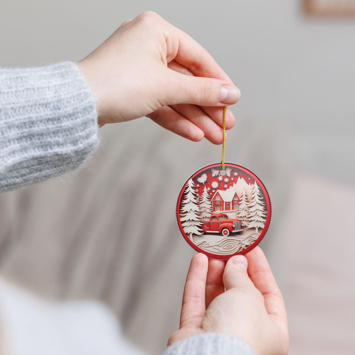 Christmas Ceramic Ornament, Vintage Red Truck Winter Cabin Scene   Item #360873