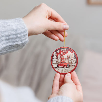 Christmas Ceramic Ornament, Vintage Red Truck Winter Cabin Scene   Item #360873