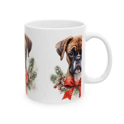 Boxer Dog Christmas Mug — Festive Boxer Portrait Ceramic Coffee Cup 11oz   Item #849429