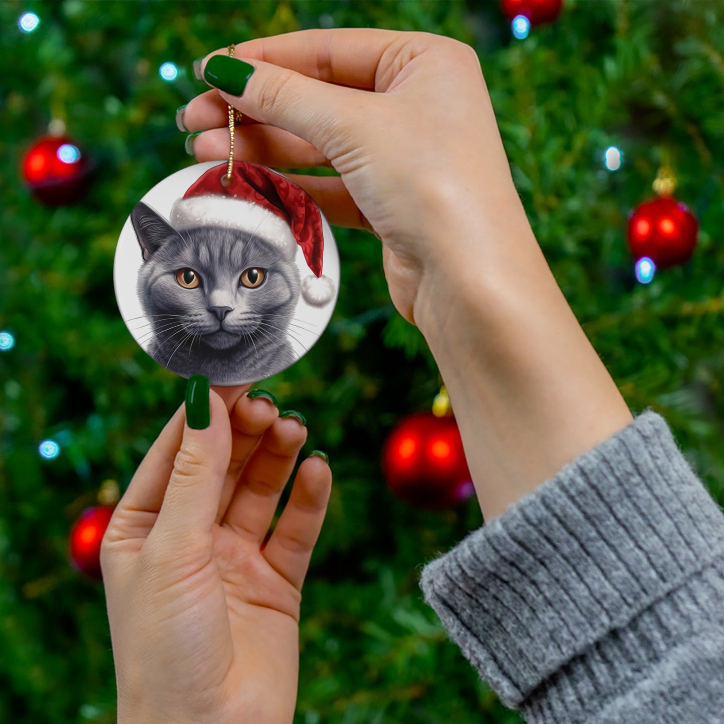 Russian Blue Cat With Santa Hat Ceramic Ornament      Item #6053397