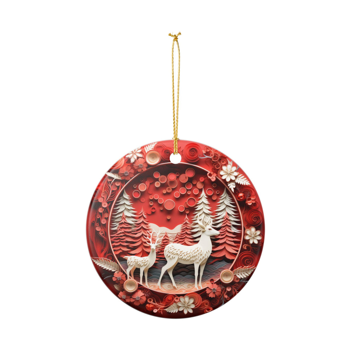 Ceramic Christmas Ornament, Red Winter Forest Deer Design    Item #101123
