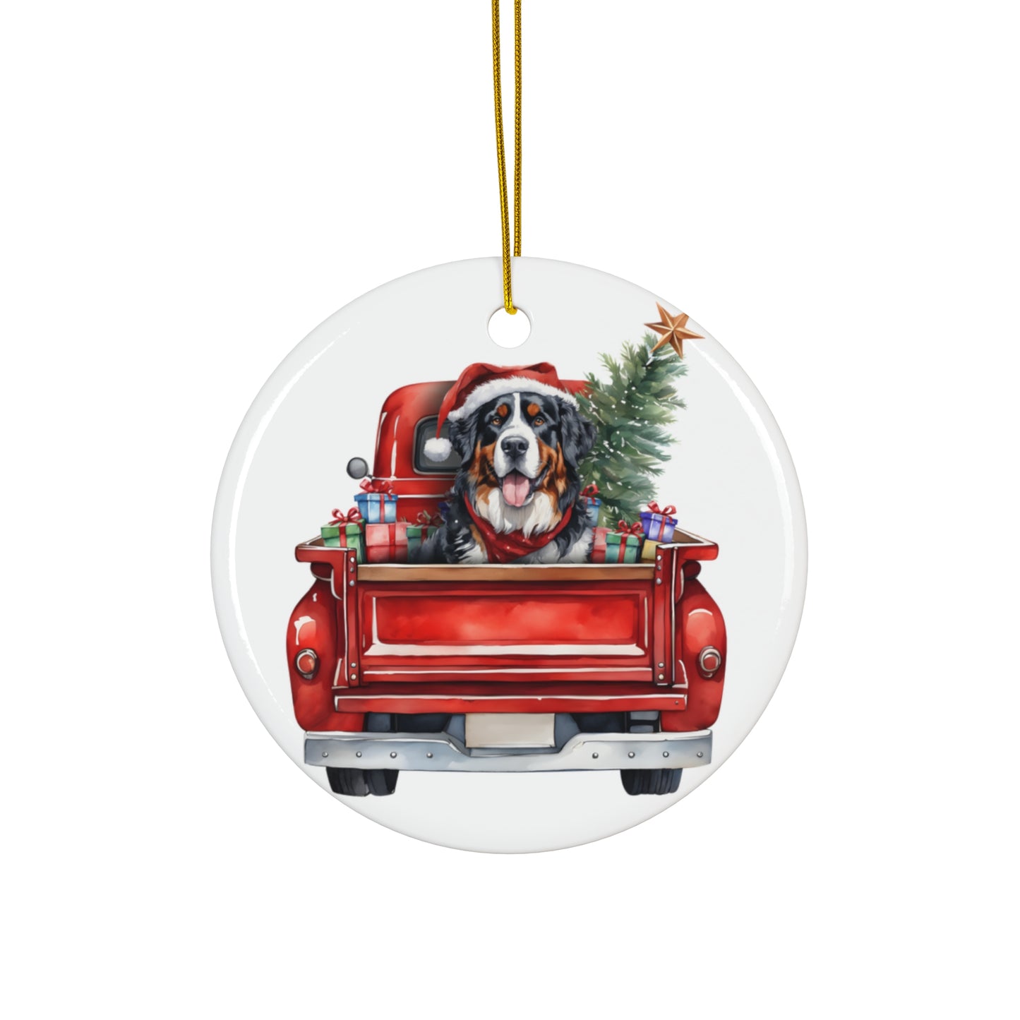 Ceramic Ornament - Bernese Mountain Christmas Dog In Red Truck       Item #8435458