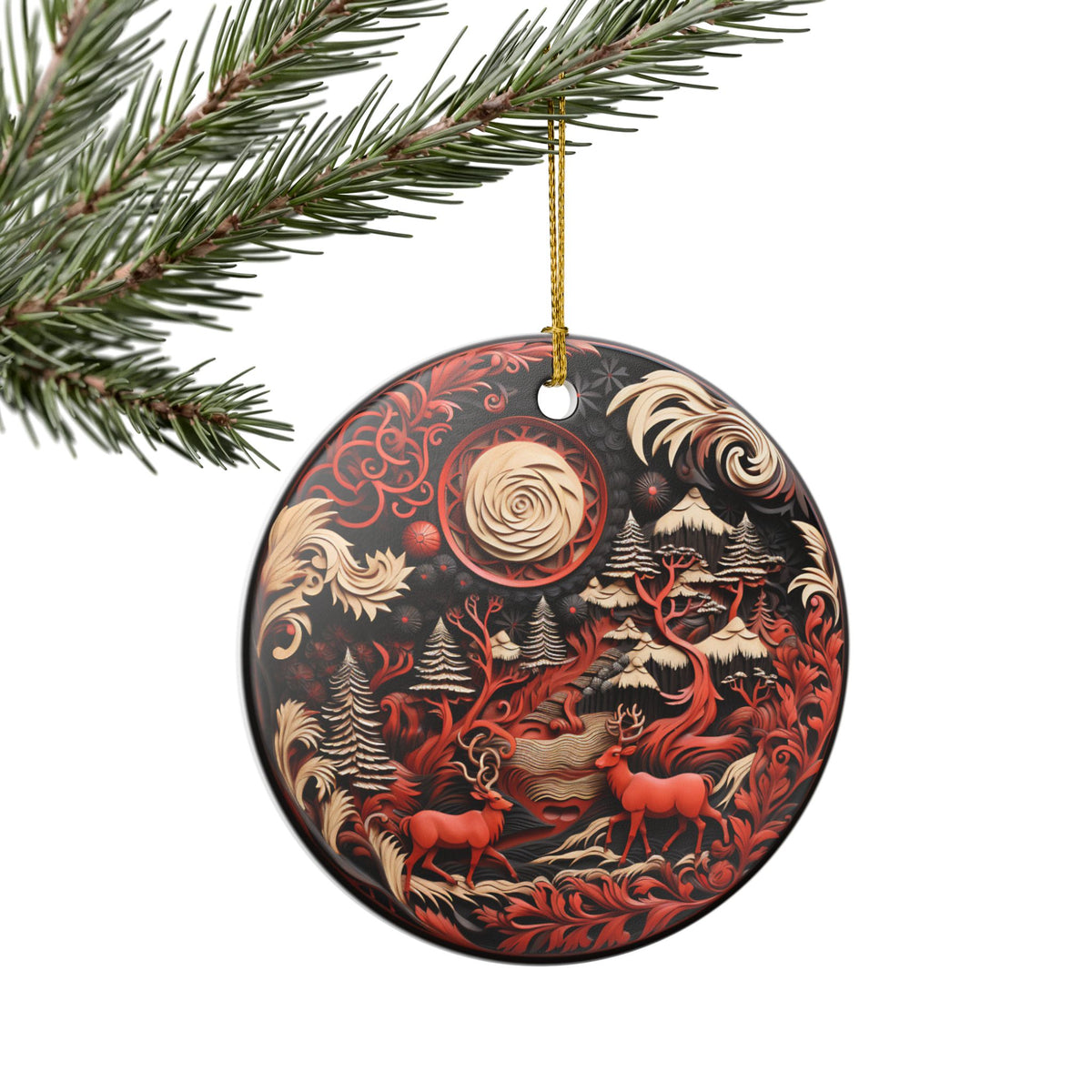 Ceramic Christmas Ornament with Rustic Red Reindeer and Winter Forest Design   Item #934612