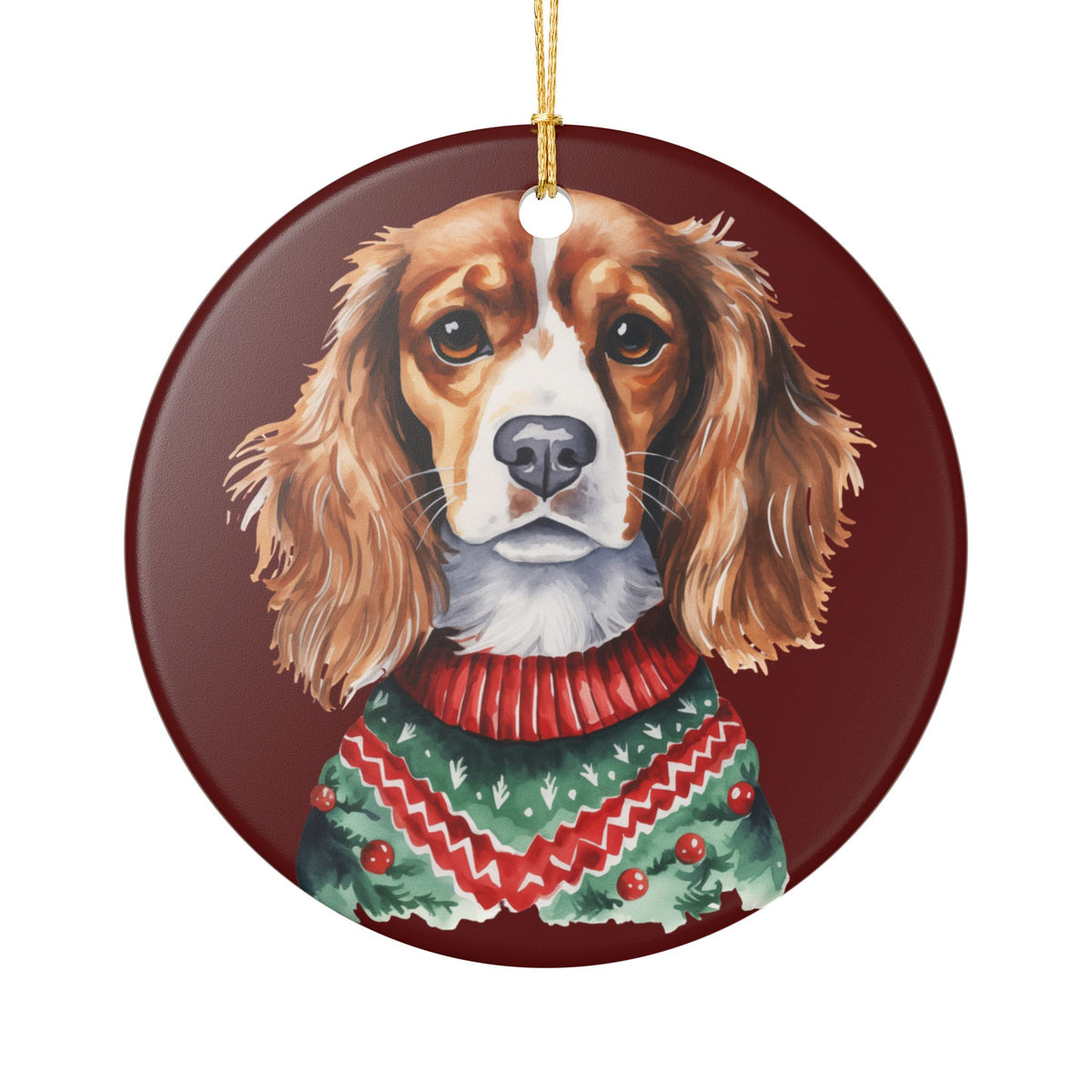 Ceramic Christmas Ornament – Cavalier King Charles Spaniel in Festive Sweater   Item #94782