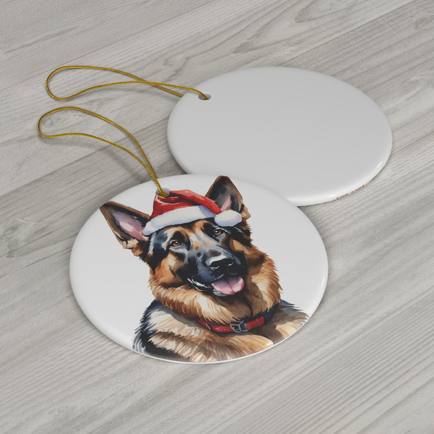 Ceramic Ornament - German Shepherd With Santa Hat      Item #42871