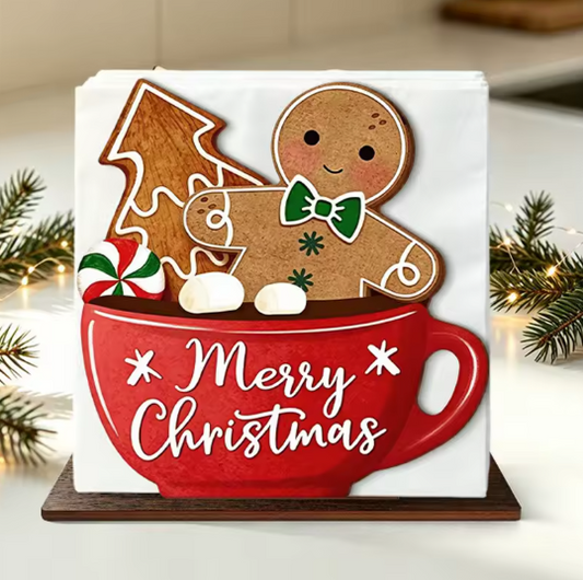 Gingerbread Man And Tree In Mug Wooden Napkin Holder By Santa's Creations
