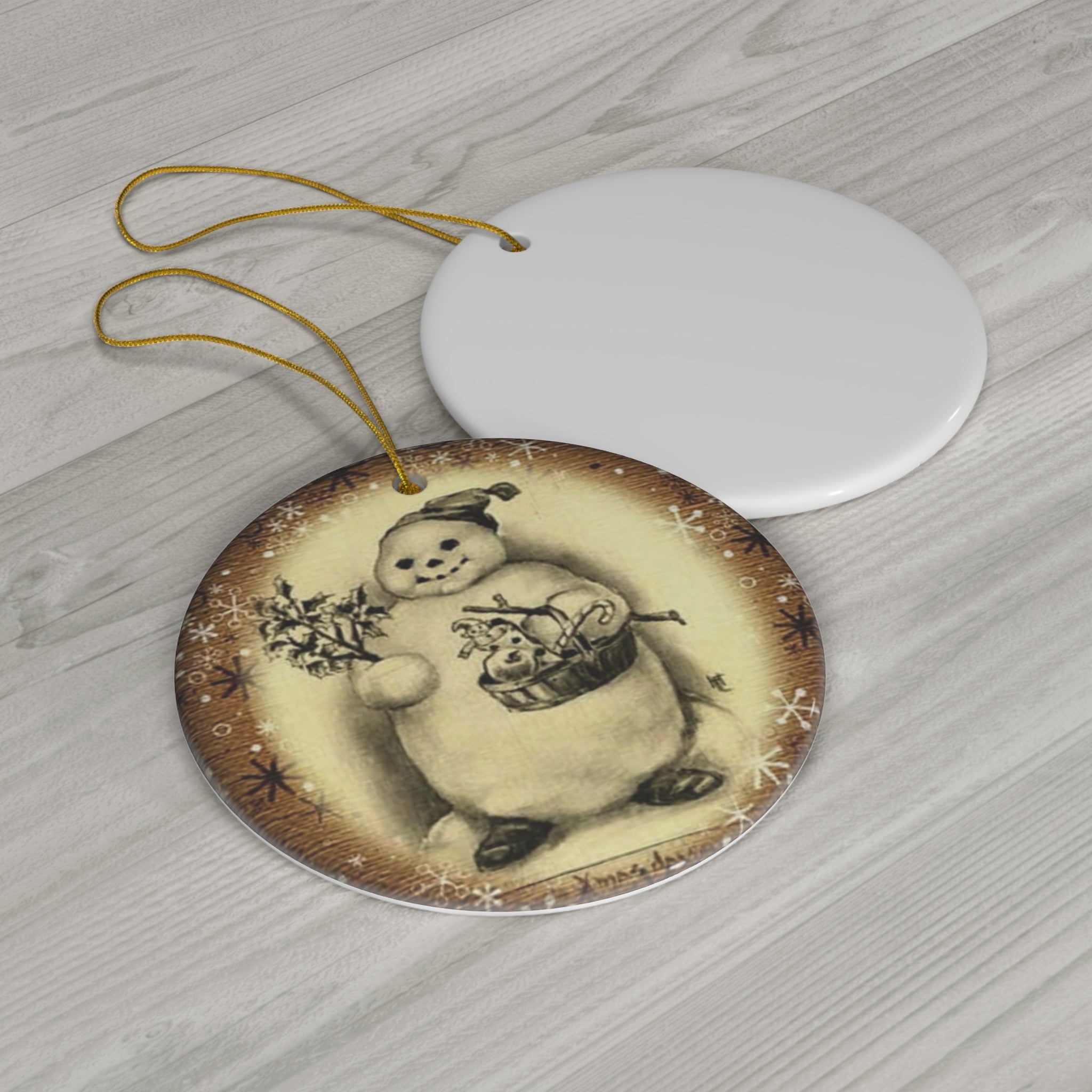 Snowman Ceramic Disc Ornament        Item #771562 - Buckshot's Bargain Barn