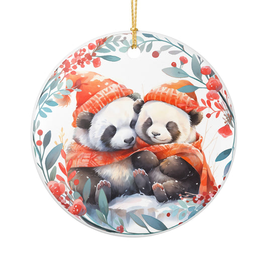 Ceramic Ornament with Cozy Panda Couple Winter Design   Item #13766