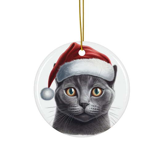 Russian Blue Cat With Santa Hat Ceramic Ornament     Item #7271183