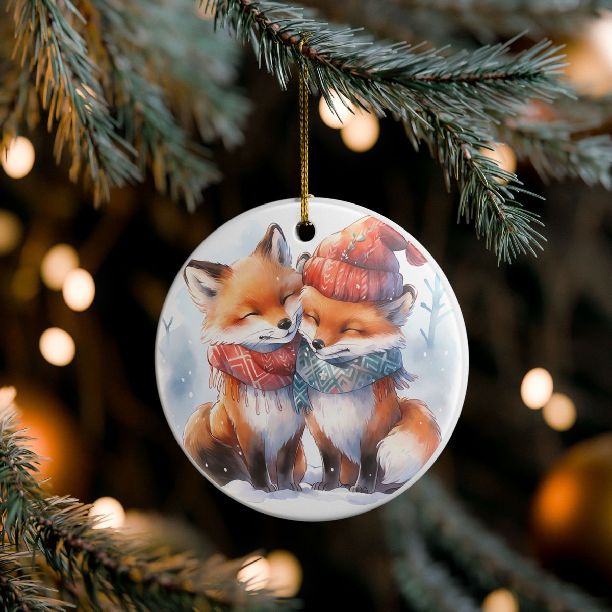 Ceramic Christmas Ornament with Cozy Winter Foxes   Item #59213