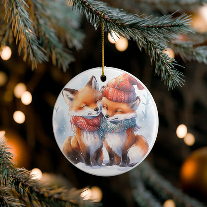 Ceramic Christmas Ornament with Cozy Winter Foxes   Item #59213