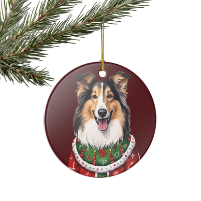 Christmas Collie Dog In Sweater Ceramic Ornament   Item #620825