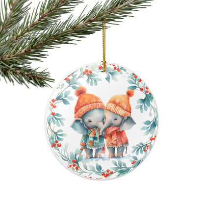 Ceramic Christmas Ornament with Cozy Elephant Couple    Item #101641