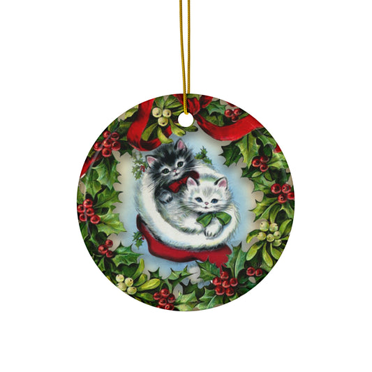 Wreath Cats Ceramic Disc Ornament           Item #290146