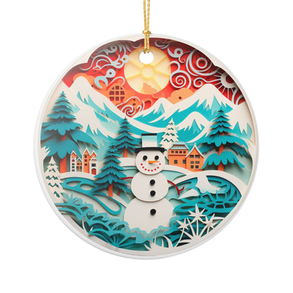 Ceramic Christmas Ornament – Winter Wonderland Snowman Mountain Scene   Item #826779