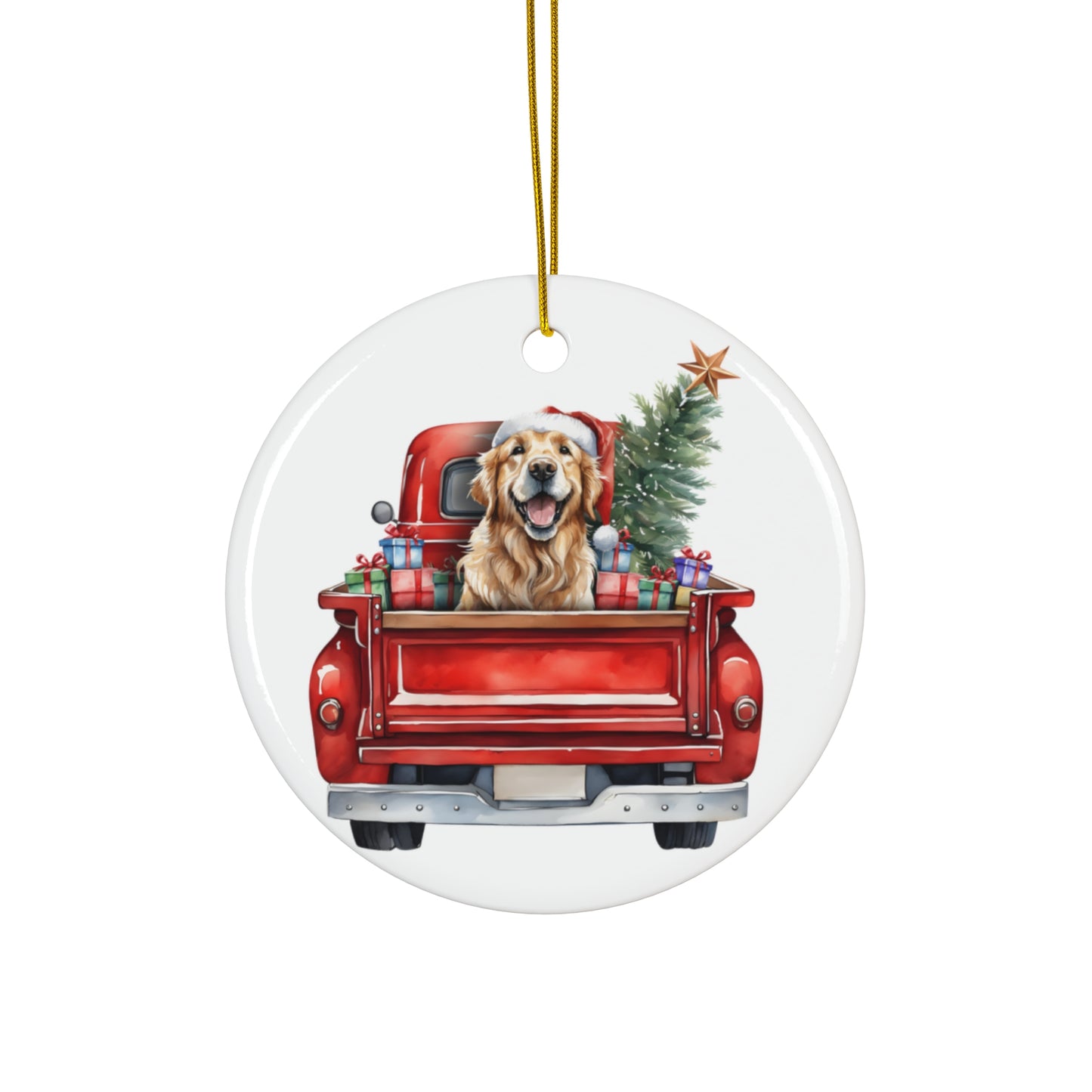 Ceramic Ornament - Golden Retriever Christmas Dog In Red Truck       Item #3795107