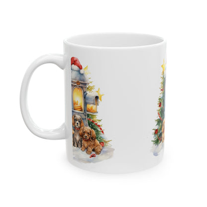 Christmas Puppy Mug — Cozy Stove, Tree & Santa Hat 11oz  Item #660451