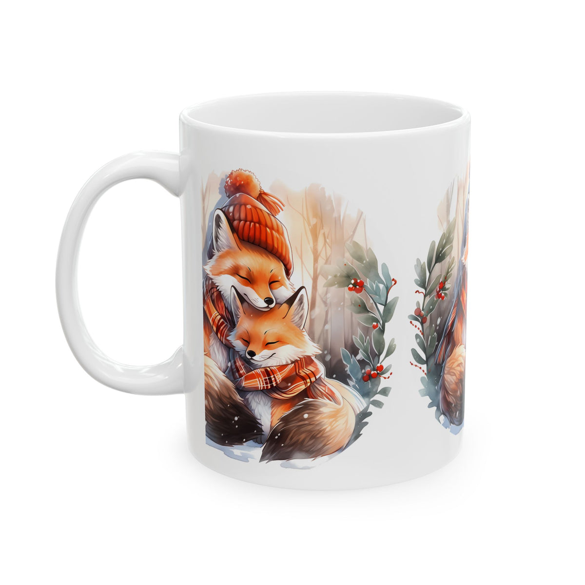 Cozy Winter Foxes Ceramic Mug – Cute Mom & Kit Hugging Tea Coffee Cup 11oz    Item #120643