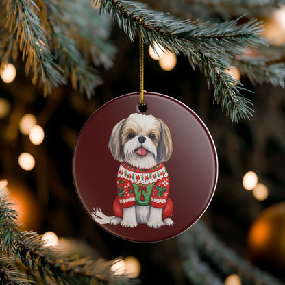 Christmas Shih Tzu Dog in Festive Sweater Ceramic Ornament   Item #783447