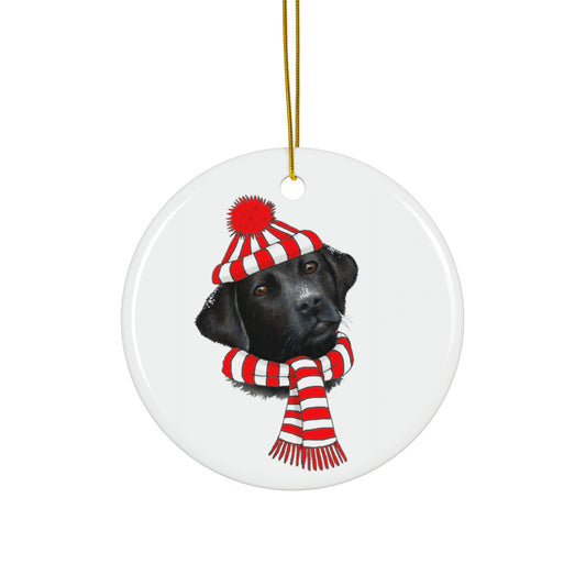 Winter Labrador With White and Red Hat Ceramic Disc Ornament         Item #8932097