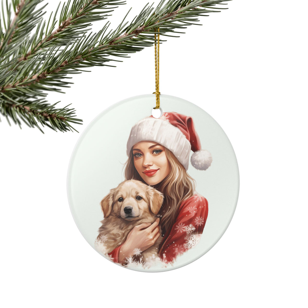 Christmas Ornament – Woman and Puppy Holiday Ceramic Decoration    Item #415633