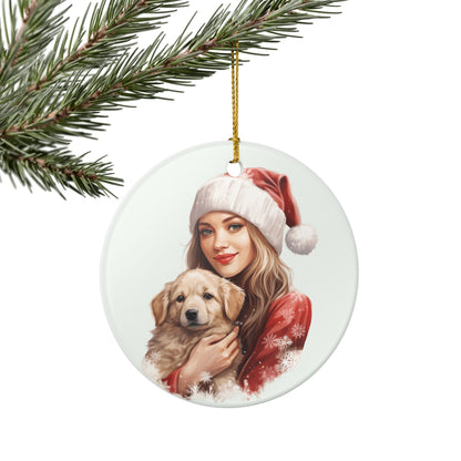 Christmas Ornament – Woman and Puppy Holiday Ceramic Decoration    Item #415633