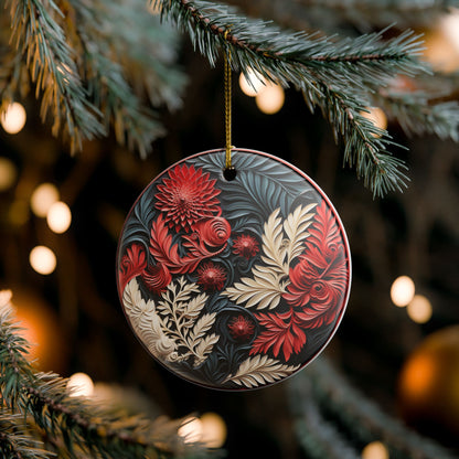 Floral Ceramic Ornament – Red, Cream & Black Botanical Holiday Decor   Item #400784