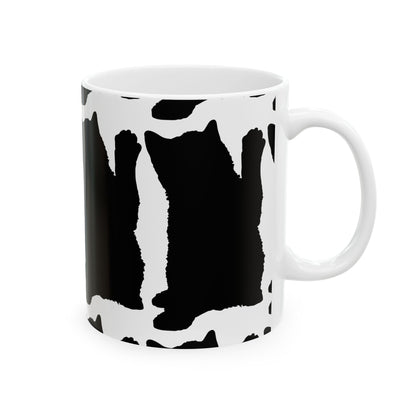 Cat Print Ceramic Mug – Black & White Farmhouse Coffee Cup 11oz    Item #87199