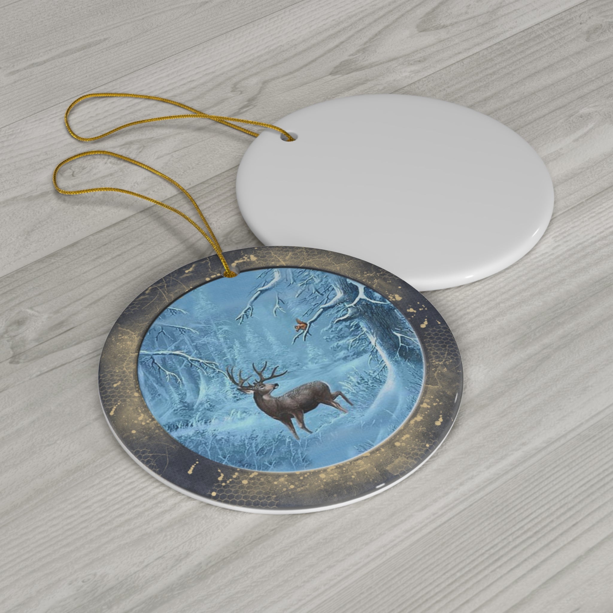 Winter Deer Scene Ceramic Disc Ornament         Item #3348166