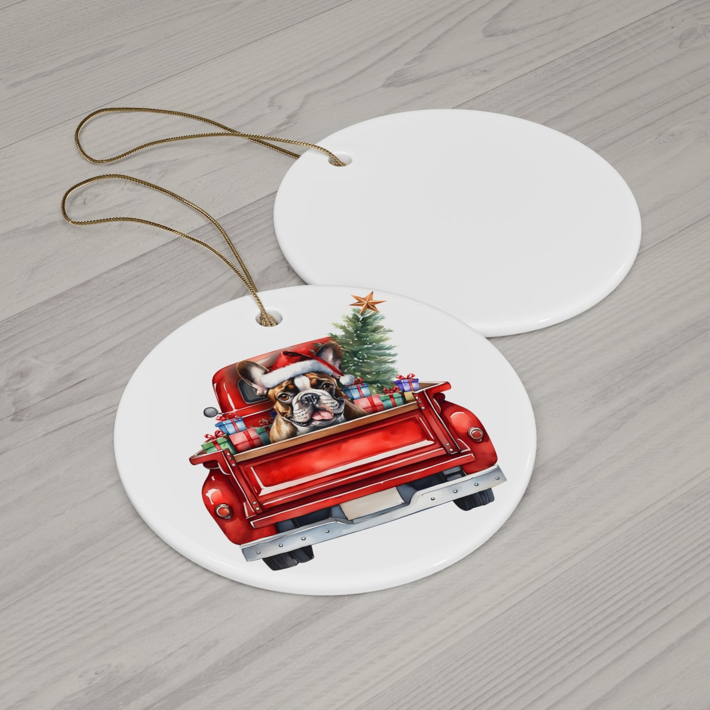 French Bulldog Christmas Dog In Red Truck Ceramic Disc Ornament         Item #8355312