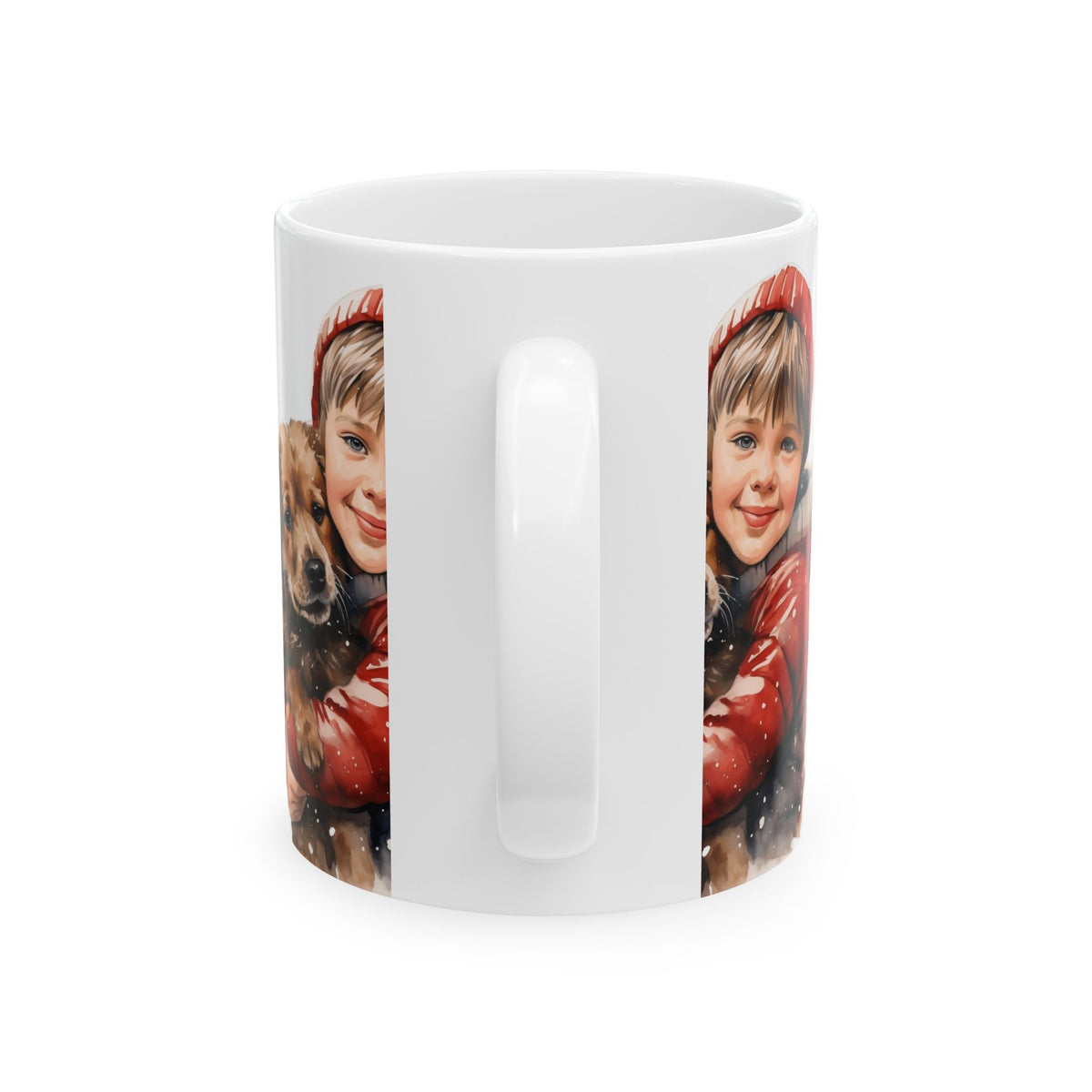 Holiday Kid & Puppy Mug - Cute Winter Boy Holding Dog Ceramic Coffee Cup 11oz  Item #643128