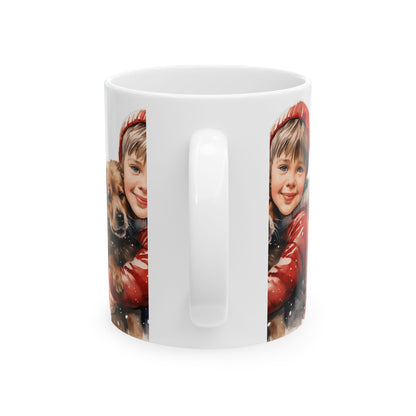 Holiday Kid & Puppy Mug - Cute Winter Boy Holding Dog Ceramic Coffee Cup 11oz  Item #643128