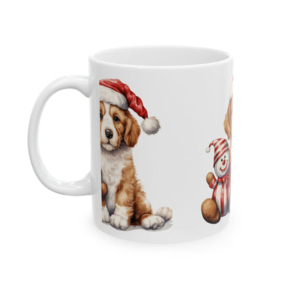 Christmas Puppy Mug – Cute Dog with Santa Hat & Snowman Ceramic Coffee Cup 11oz   Item #705356