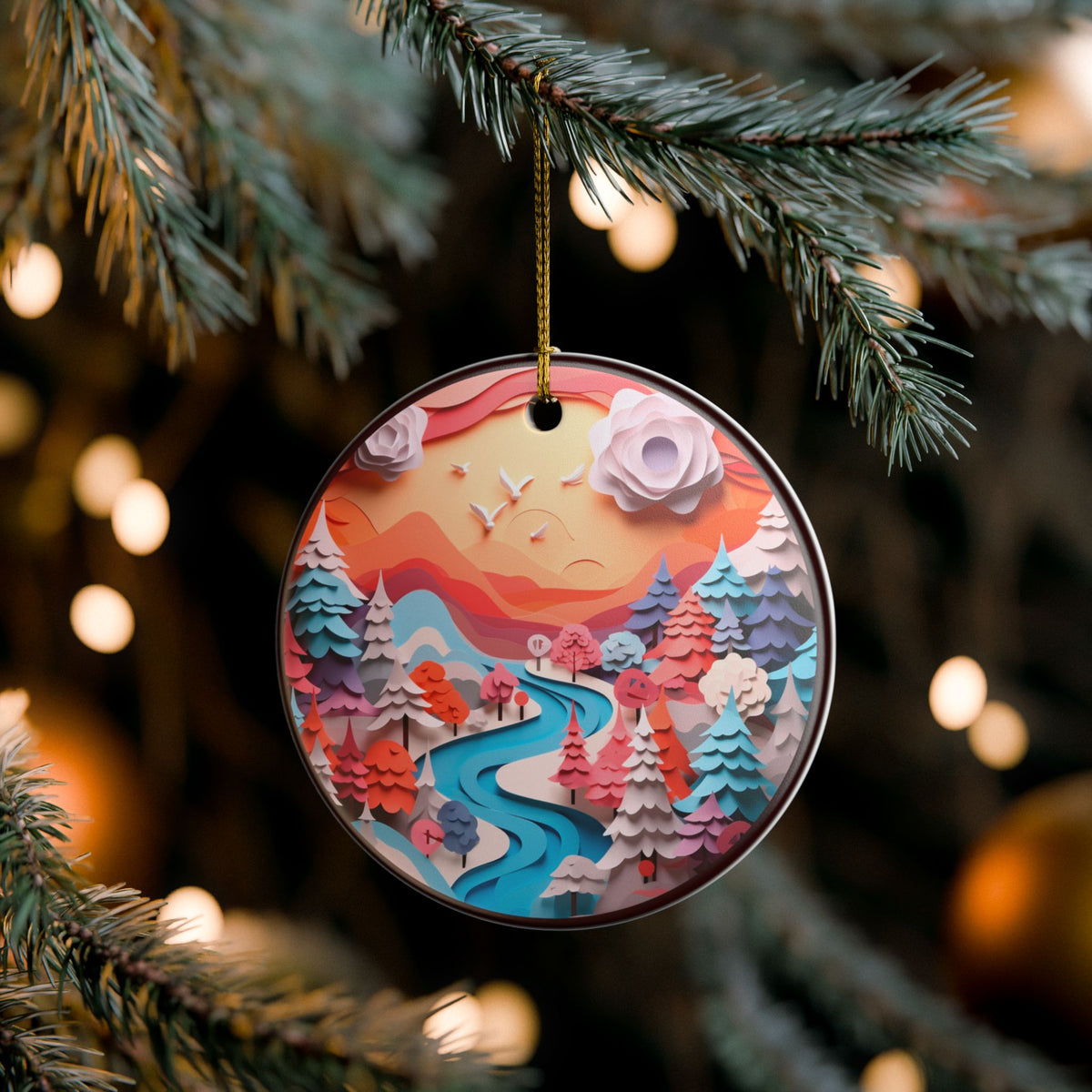 Ceramic Ornament – Whimsical Winter Mountain Landscape Christmas Tree Decoration