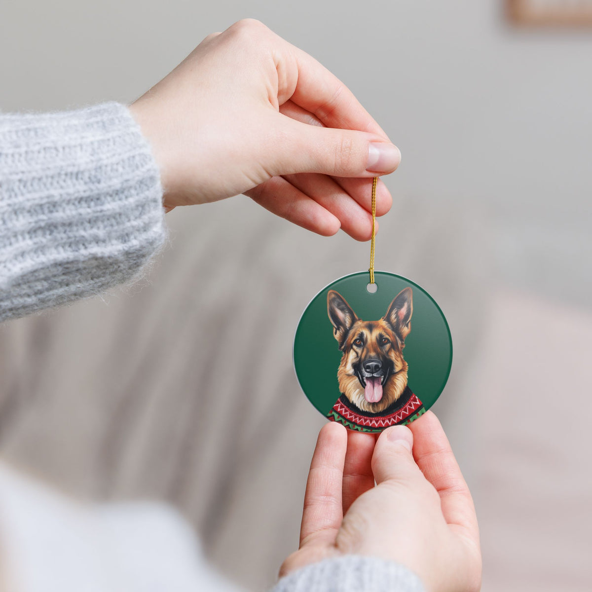 German Shepherd With Festive Sweater Christmas Ceramic Ornament  Item #671386