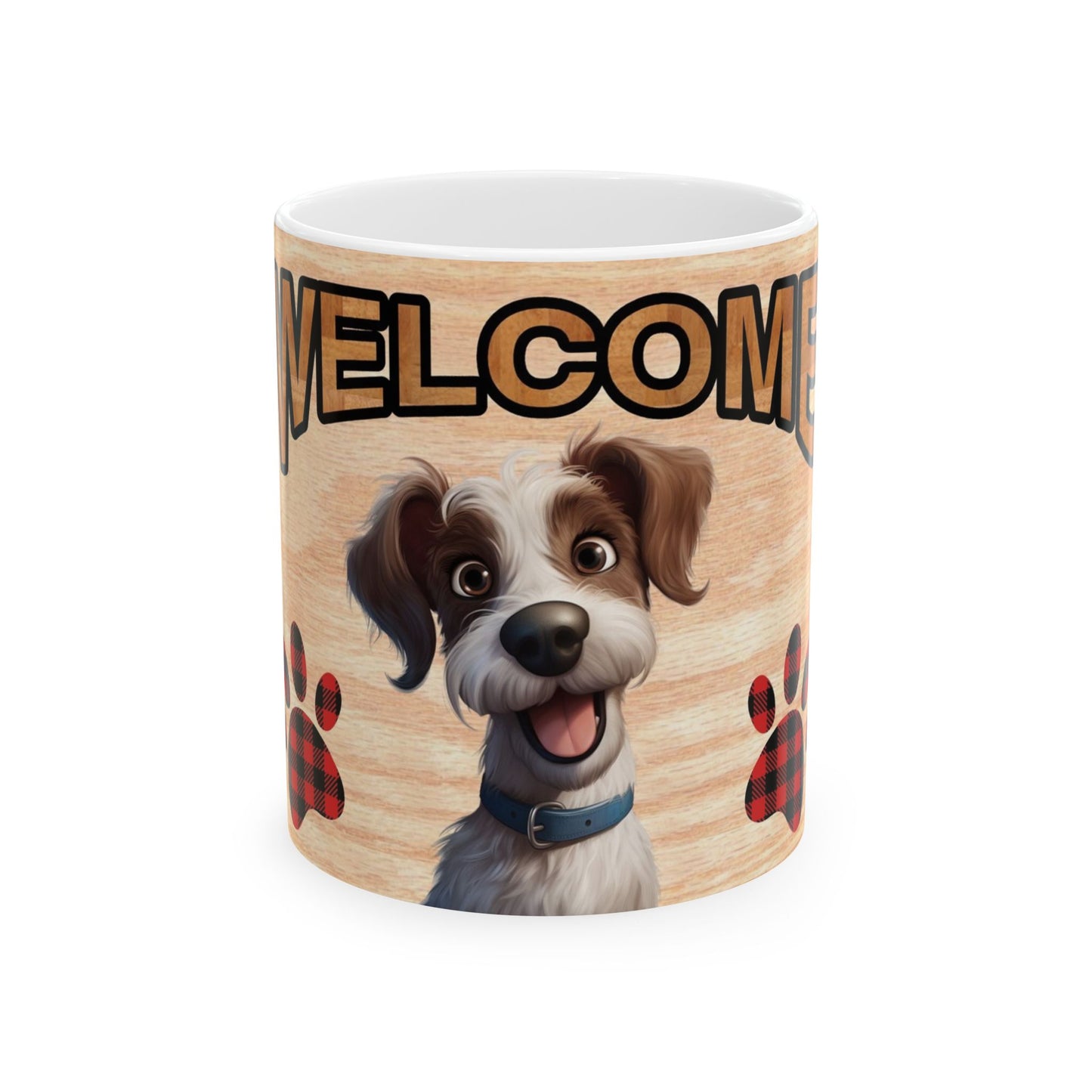Welcome Dog Illustration Ceramic Mug – Cute Paw Print Coffee Cup 11oz    Item #185904