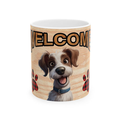 Welcome Dog Illustration Ceramic Mug – Cute Paw Print Coffee Cup 11oz    Item #185904