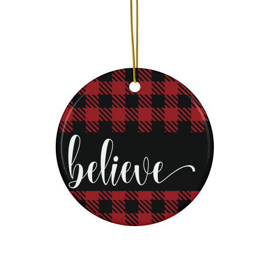 Believe Buffalo Plaid Ceramic Disc Ornament       Item #5481754