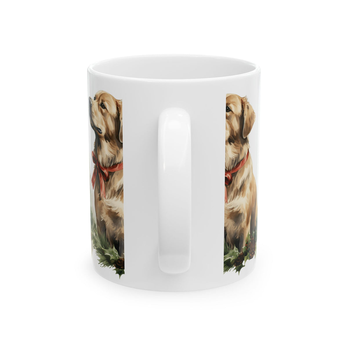 Golden Retriever Holiday Mug — Festive Dog Coffee Cup with Red Bow & Pine Wreath 11oz  Item #22897