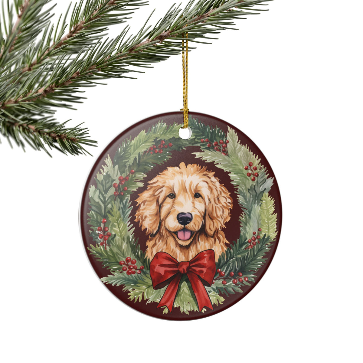 Ceramic Christmas Ornament with Festive Dog and Wreath   Item #681912