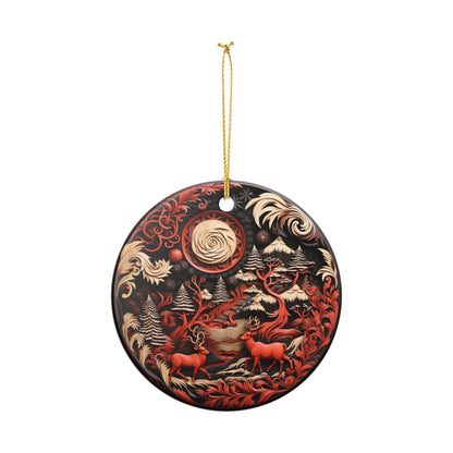 Ceramic Christmas Ornament with Rustic Red Reindeer and Winter Forest Design   Item #934612