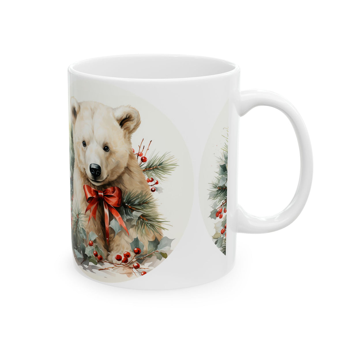 Holiday Polar Bear Ceramic Mug — Festive Pine & Berries Christmas Coffee Cup 11oz   Item #210856
